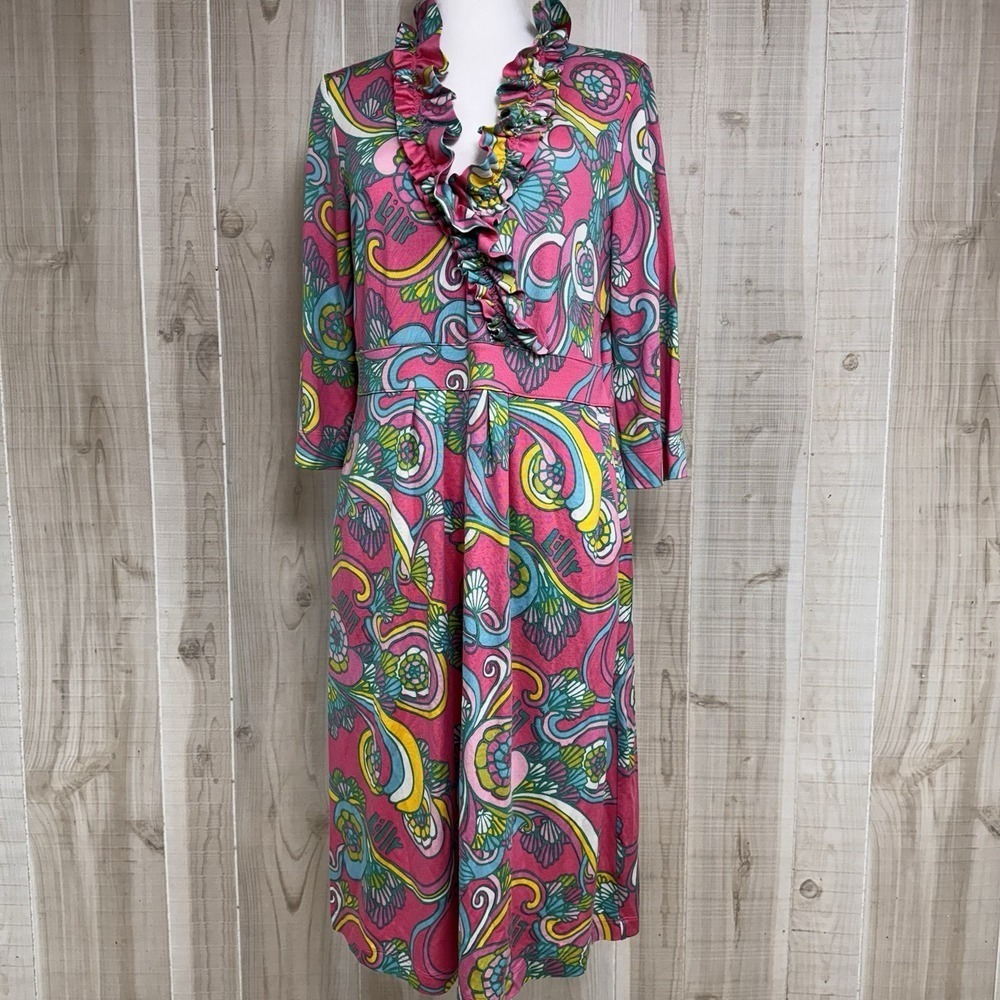 Lilly Pulitzer Silk Cotton Whimsical Ruffles Dress 3/4 Sleeve Stretchy Medium‎